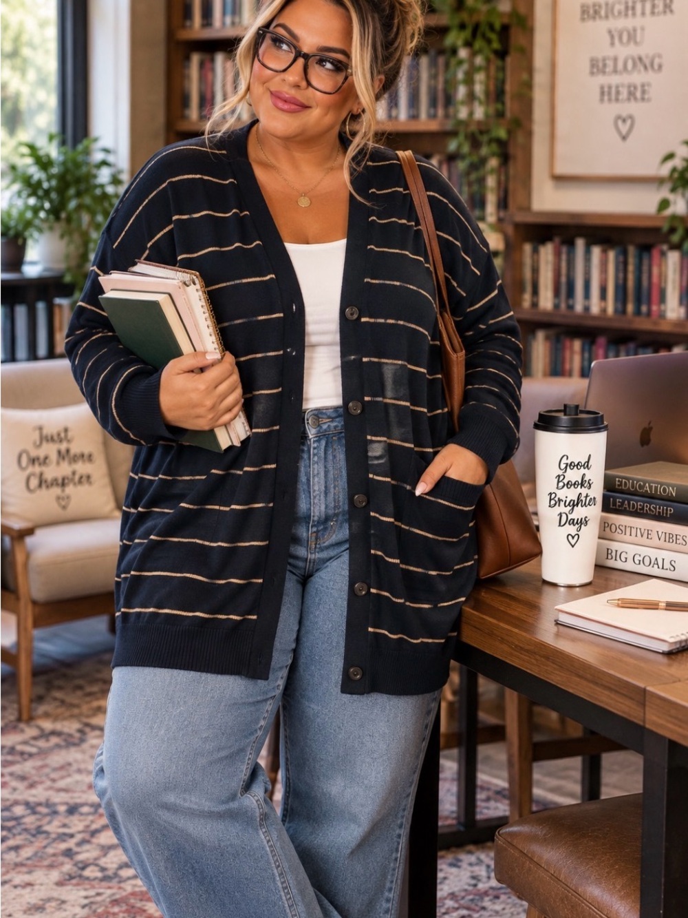 GAP Black Cardigan with Cream Stripes